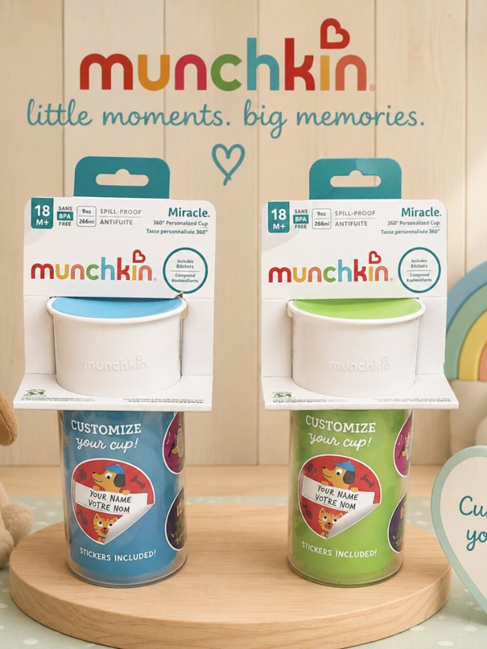 NWT Munchkin Miracle 360 Personalized Sippy Cups - Set of 2 (Blue & Green)
